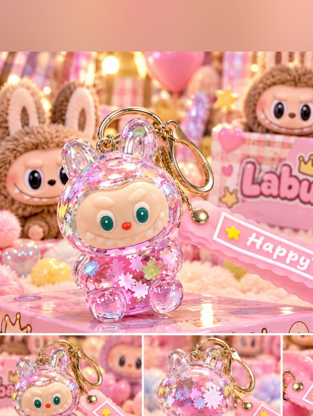 Pink Glitter Bunny Keychain with HappyTime Strap